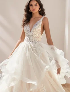 Wedding Dresses Ball Gown Plunge Neck Sleeveless Ruffles Chapel Train Lace Bridal Suits Bridal Gowns With Appliques
