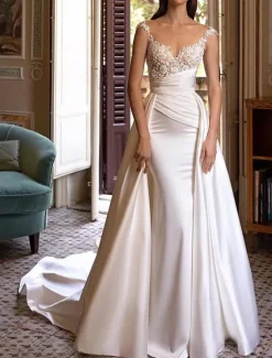 Wedding Dresses Ball Gown Off Shoulder V Neck Sleeveless Chapel Train Satin Bridal Gowns With Pleats Ruched