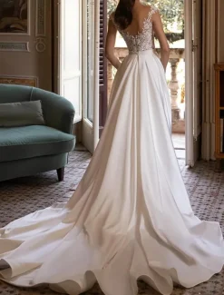 Wedding Dresses Ball Gown Off Shoulder V Neck Sleeveless Chapel Train Satin Bridal Gowns With Pleats Ruched