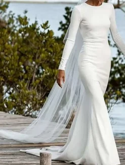 Wedding Dresses Ball Gown Scoop Neck Long Sleeve Chapel Train Satin Bridal Gowns With Pleats Ruched