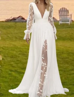 Wedding Dresses Beach Wedding A-Line V Neck Long Sleeve Court Train Chiffon Bridal Suits Bridal Gowns With Ruched Draping
