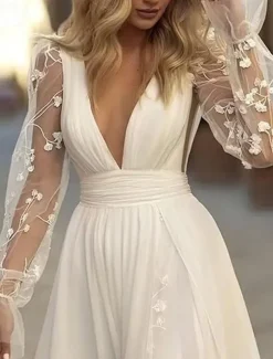 Wedding Dresses Beach Wedding A-Line V Neck Long Sleeve Court Train Chiffon Bridal Suits Bridal Gowns With Ruched Draping