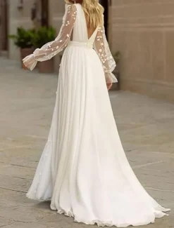 Wedding Dresses Beach Wedding A-Line V Neck Long Sleeve Court Train Chiffon Bridal Suits Bridal Gowns With Ruched Draping