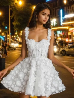 Wedding Dresses 3D Flowers A-Line Sweetheart Sleeveless Short / Mini Lace Bridal Gowns With Appliques