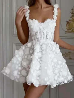Wedding Dresses 3D Flowers A-Line Sweetheart Sleeveless Short / Mini Lace Bridal Gowns With Appliques