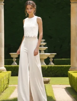 Wedding Dresses Jumpsuits Off Shoulder Sleeveless Floor Length Stretch Fabric Bridal Jumpsuit with Lace Top Solid Color