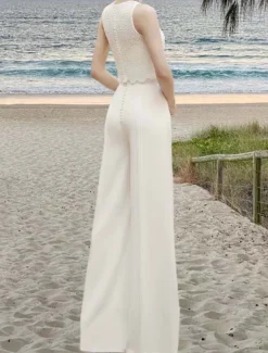Wedding Dresses Jumpsuits Off Shoulder Sleeveless Floor Length Stretch Fabric Bridal Jumpsuit with Lace Top Solid Color