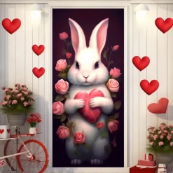 Wedding Outdoor Decorations Door Covers Door Tapestry Door Curtain Decoration Backdrop Indoor/Outdoor Door Banner for Front Door Farmhouse Heart Bunny
