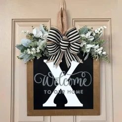 Welcome Signs with Surname for Front Door, Spring Door Wreath with bow, Creative Signs with 26 Letters for Spring Door Decoration