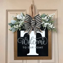 Welcome Signs with Surname for Front Door, Spring Door Wreath with bow, Creative Signs with 26 Letters for Spring Door Decoration