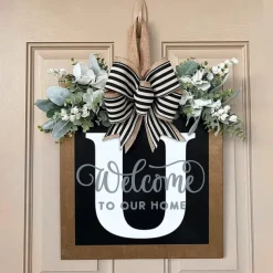 Welcome Signs with Surname for Front Door, Spring Door Wreath with bow, Creative Signs with 26 Letters for Spring Door Decoration