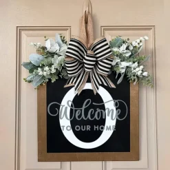 Welcome Signs with Surname for Front Door, Spring Door Wreath with bow, Creative Signs with 26 Letters for Spring Door Decoration