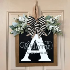 Welcome Signs with Surname for Front Door, Spring Door Wreath with bow, Creative Signs with 26 Letters for Spring Door Decoration