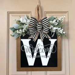 Welcome Signs with Surname for Front Door, Spring Door Wreath with bow, Creative Signs with 26 Letters for Spring Door Decoration
