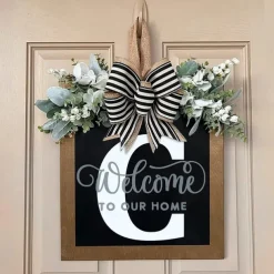 Welcome Signs with Surname for Front Door, Spring Door Wreath with bow, Creative Signs with 26 Letters for Spring Door Decoration