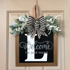 Welcome Signs with Surname for Front Door, Spring Door Wreath with bow, Creative Signs with 26 Letters for Spring Door Decoration