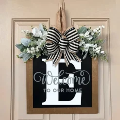 Welcome Signs with Surname for Front Door, Spring Door Wreath with bow, Creative Signs with 26 Letters for Spring Door Decoration
