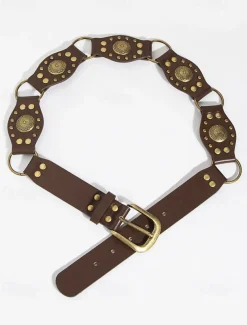 Western Cowboy Style Brown Leather Belt with Gold Buckle and Studded Decorative Accents, Vintage Waist Belt for Women, Perfect for Casual Wear and Cowboy Costumes