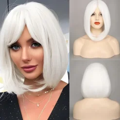 White Bob Wigs for Women Short Bob Wig with Bangs 14 inch Straight Wigs Soft Synthetic Full Wigs for Daily Party Halloween Wigs