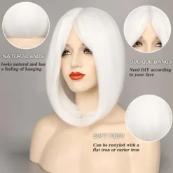 White Bob Wigs for Women Short Bob Wig with Bangs 14 inch Straight Wigs Soft Synthetic Full Wigs for Daily Party Halloween Wigs