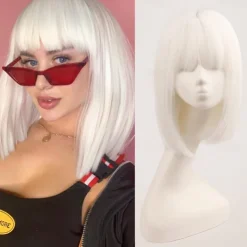 White Bob Wigs for Women short white wig with bangs Straight Bob Wigs Synthetic Cosplay Daily Party Wig Halloween Wigs