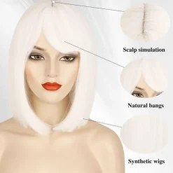 White Bob Wigs for Women short white wig with bangs Straight Bob Wigs Synthetic Cosplay Daily Party Wig Halloween Wigs