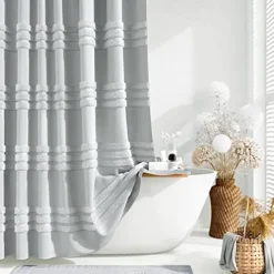 White Fabric Shower Curtain with Hooks, Tufted Chenille Striped Textured Cloth for Bathroom, Modern Farmhouse Shabby Chic Waterproof Shower Curtain Set, Machine Washable