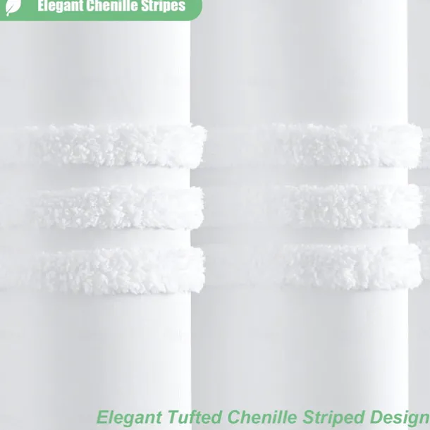White Fabric Shower Curtain with Hooks, Tufted Chenille Striped Textured Cloth for Bathroom, Modern Farmhouse Shabby Chic Waterproof Shower Curtain Set, Machine Washable