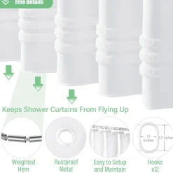 White Fabric Shower Curtain with Hooks, Tufted Chenille Striped Textured Cloth for Bathroom, Modern Farmhouse Shabby Chic Waterproof Shower Curtain Set, Machine Washable