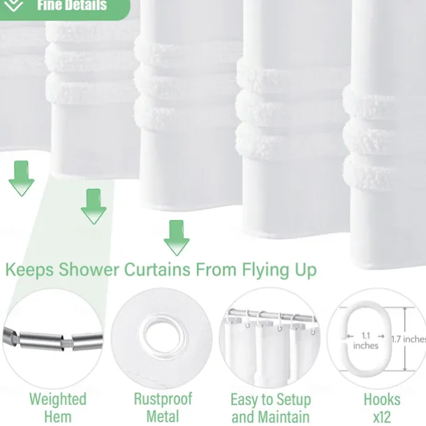 White Fabric Shower Curtain with Hooks, Tufted Chenille Striped Textured Cloth for Bathroom, Modern Farmhouse Shabby Chic Waterproof Shower Curtain Set, Machine Washable