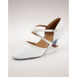 White Faux Leather Dance Shoes with Cross Strap and Buckle – Women's Ballroom and Latin Dance Heels