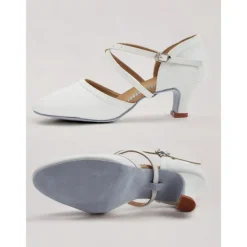 White Faux Leather Dance Shoes with Cross Strap and Buckle – Women's Ballroom and Latin Dance Heels