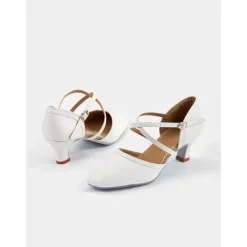 White Faux Leather Dance Shoes with Cross Strap and Buckle – Women's Ballroom and Latin Dance Heels
