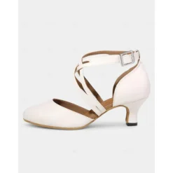 White Satin Dance Shoes with Cross-Strap Design – Mid Heel, Open Toe for Women – Ideal for Weddings, Formal Events, and Dance Competitions