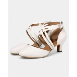 White Satin Dance Shoes with Cross-Strap Design – Mid Heel, Open Toe for Women – Ideal for Weddings, Formal Events, and Dance Competitions