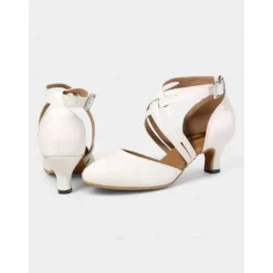White Satin Dance Shoes with Cross-Strap Design – Mid Heel, Open Toe for Women – Ideal for Weddings, Formal Events, and Dance Competitions