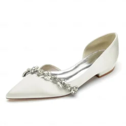 White Satin Flat Wedding Shoes with Pointed Toe and Crystal Floral Embellishment for Bridal Occasions