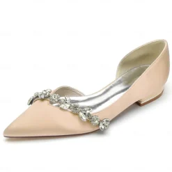 White Satin Flat Wedding Shoes with Pointed Toe and Crystal Floral Embellishment for Bridal Occasions