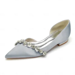 White Satin Flat Wedding Shoes with Pointed Toe and Crystal Floral Embellishment for Bridal Occasions