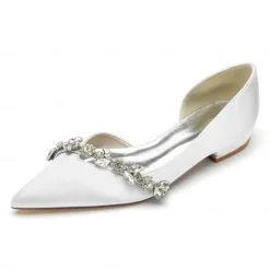White Satin Flat Wedding Shoes with Pointed Toe and Crystal Floral Embellishment for Bridal Occasions