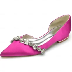 White Satin Flat Wedding Shoes with Pointed Toe and Crystal Floral Embellishment for Bridal Occasions