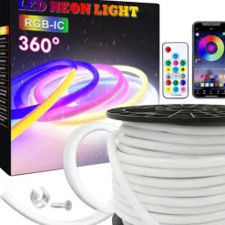 White Silicone Neon LED Light Strip, 16MM 360° Circular, RGB Flexible Dreamy Color Rope Light with 17-Key IR Controller, USB DC5V for Bedroom Indoor/Outdoor Decoration WS2811