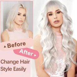 White Wigs with Bangs for Women Long Wavy Synthetic Wig Colorful Wig Hair Heat Resistant Wigs for Cosplay Party Use