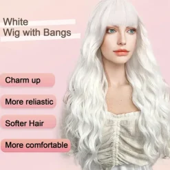 White Wigs with Bangs for Women Long Wavy Synthetic Wig Colorful Wig Hair Heat Resistant Wigs for Cosplay Party Use