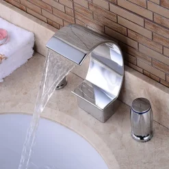 Widespread Bathroom Sink Faucet,Two Handle Three Holes, Brass Waterfall Chrome Bath Taps