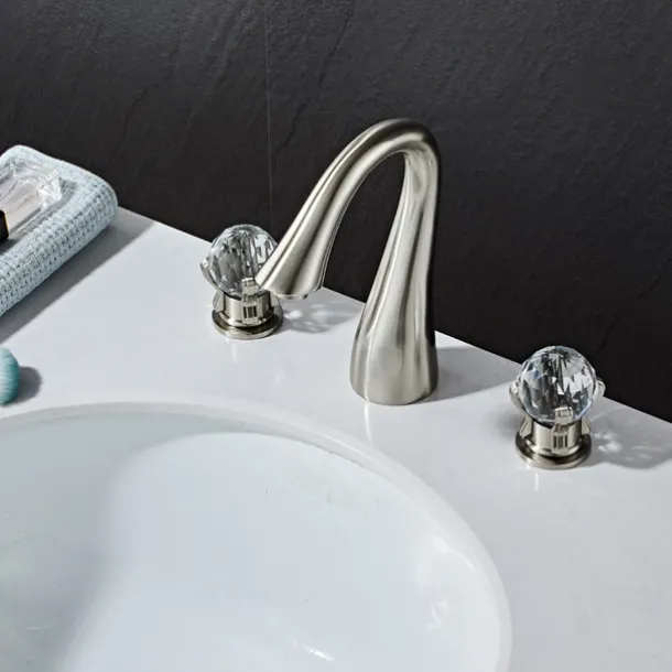Widespread Bathroom Sink Mixer Faucet, 3 Hole 2 Crystal Handle Traditional Basin Taps Deck Mounted with Hot and Cold Hose, Vessel Water Tap