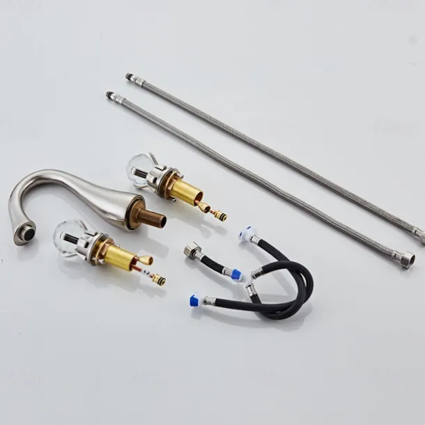 Widespread Bathroom Sink Mixer Faucet, 3 Hole 2 Crystal Handle Traditional Basin Taps Deck Mounted with Hot and Cold Hose, Vessel Water Tap