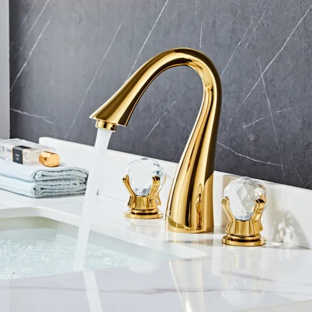 Widespread Bathroom Sink Mixer Faucet, 3 Hole 2 Crystal Handle Traditional Basin Taps Deck Mounted with Hot and Cold Hose, Vessel Water Tap