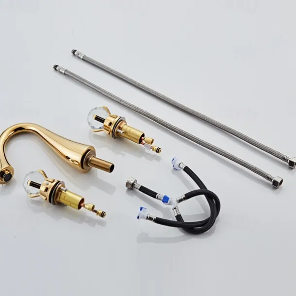 Widespread Bathroom Sink Mixer Faucet, 3 Hole 2 Crystal Handle Traditional Basin Taps Deck Mounted with Hot and Cold Hose, Vessel Water Tap