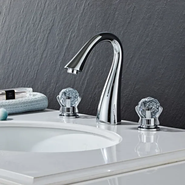 Widespread Bathroom Sink Mixer Faucet, 3 Hole 2 Crystal Handle Traditional Basin Taps Deck Mounted with Hot and Cold Hose, Vessel Water Tap
